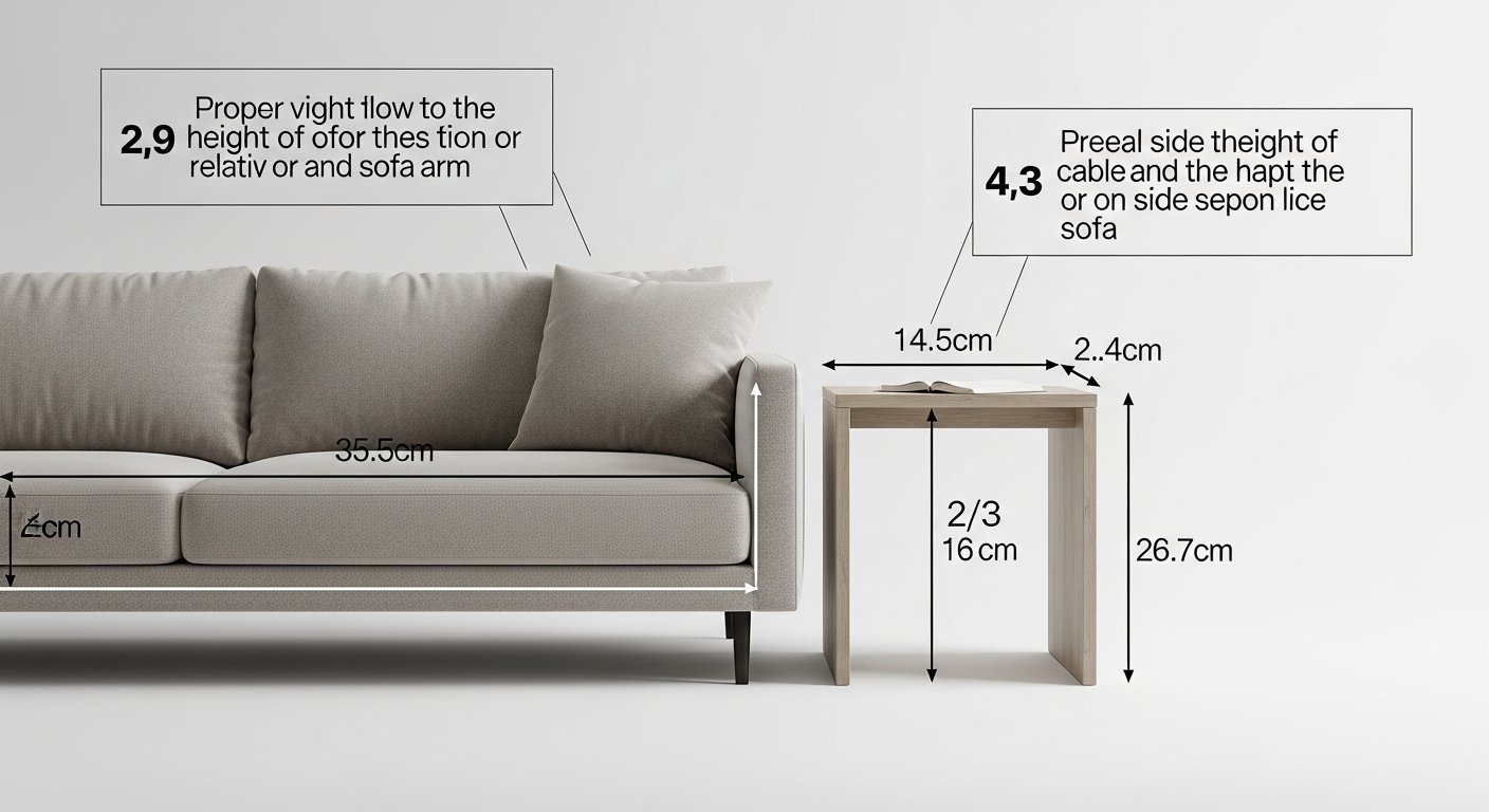 Proporções corretas entre mesa lateral e sofá com indicações de medidas