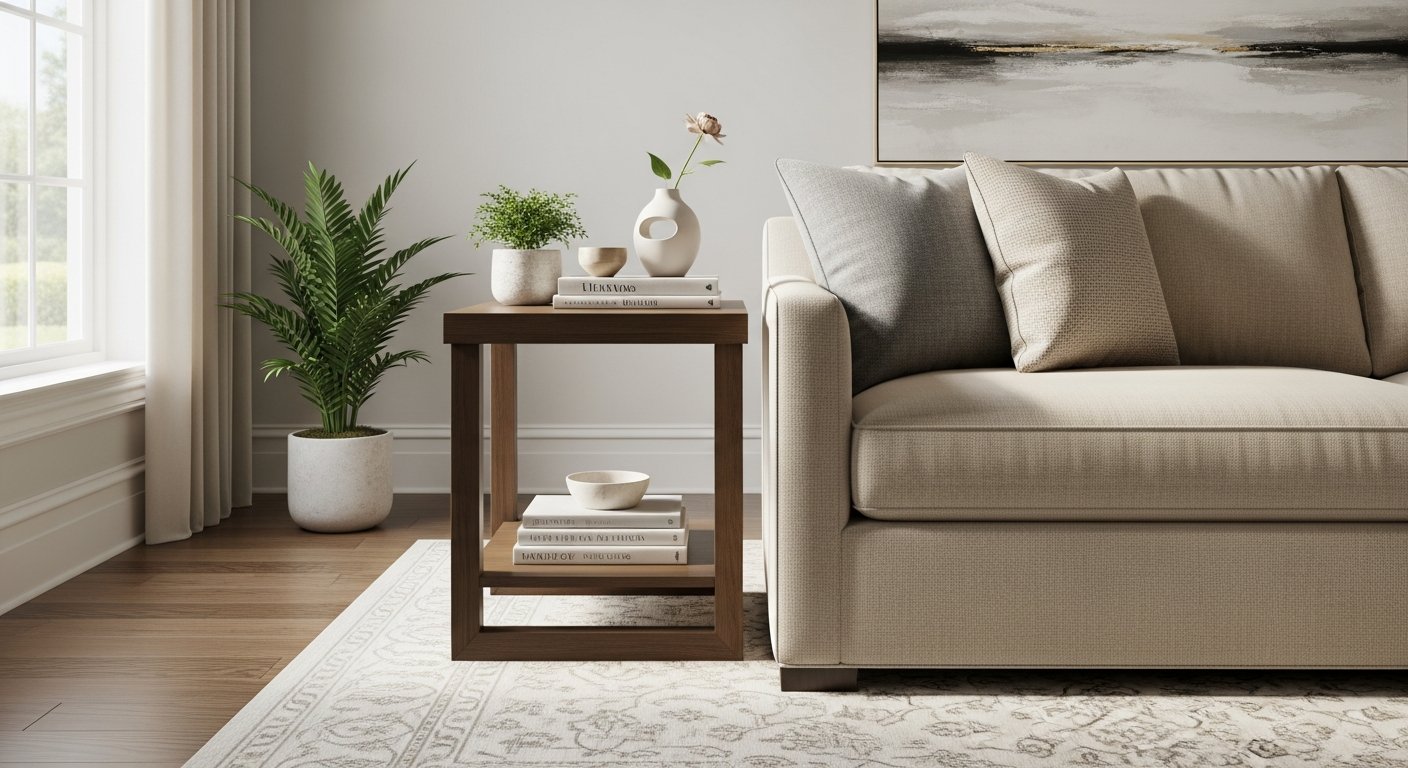 Mesa lateral coordenada com móveis existentes em sala elegante