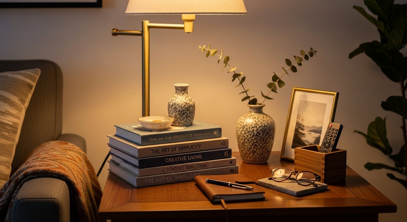 Mesa lateral organizada com objetos funcionais e decorativos