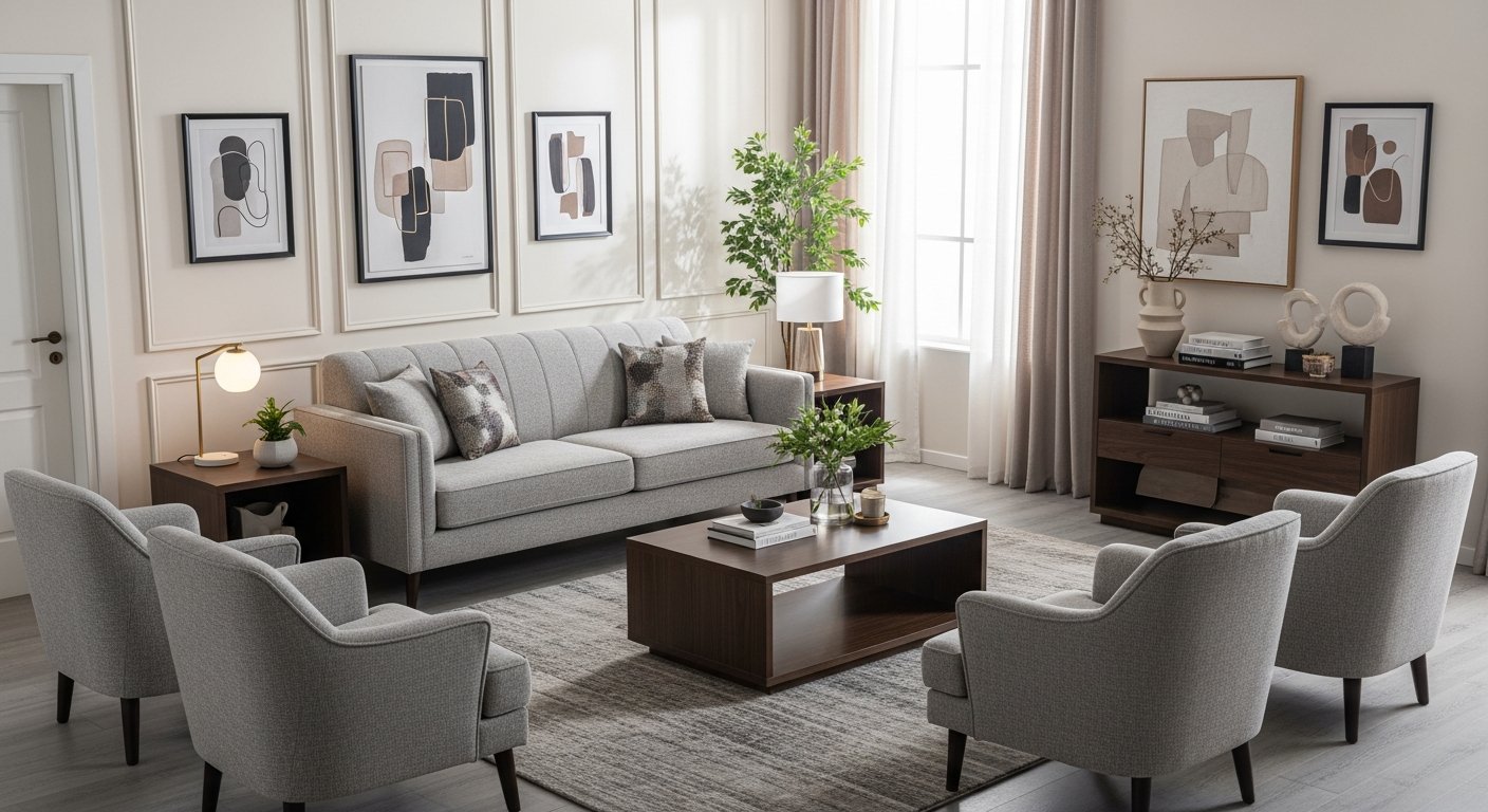 Móveis coordenados da sala incluindo mesa lateral e aparador