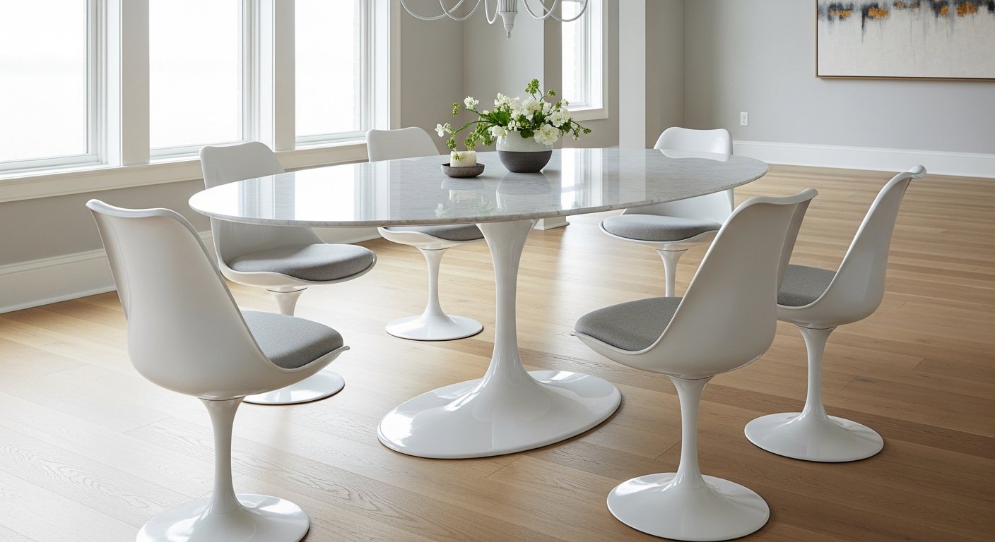 Mesa saarinen oval branca em sala de jantar elegante