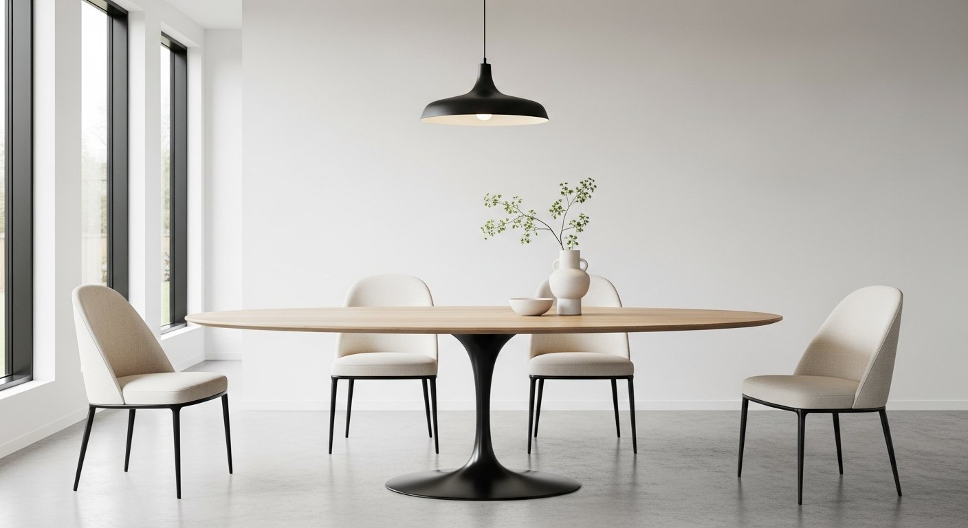 Mesa tulipa oval com base preta e tampo de madeira