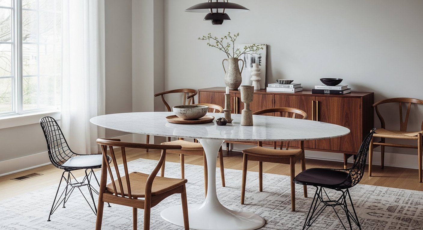 Mesa saarinen oval integrada com aparador clássico