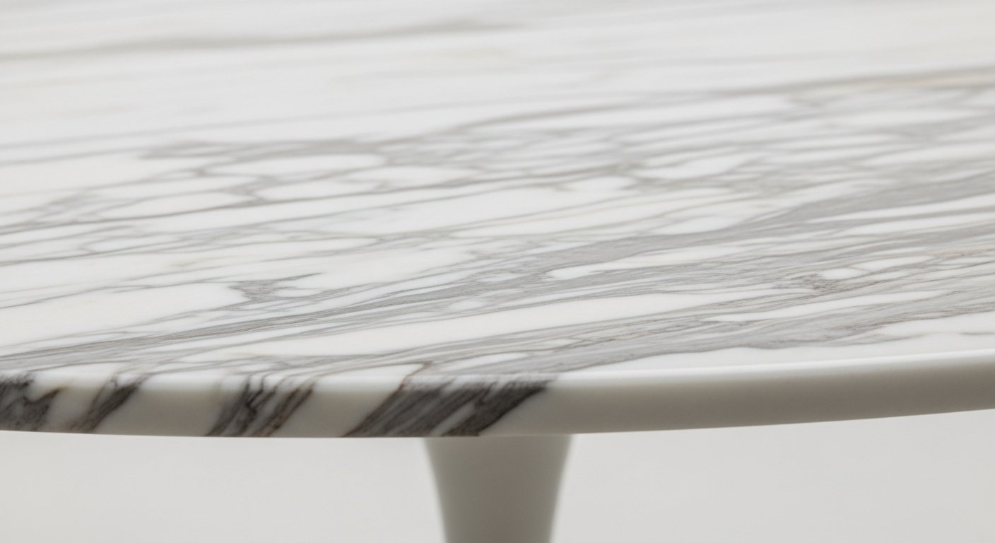 Detalhe do tampo de mármore da mesa saarinen oval