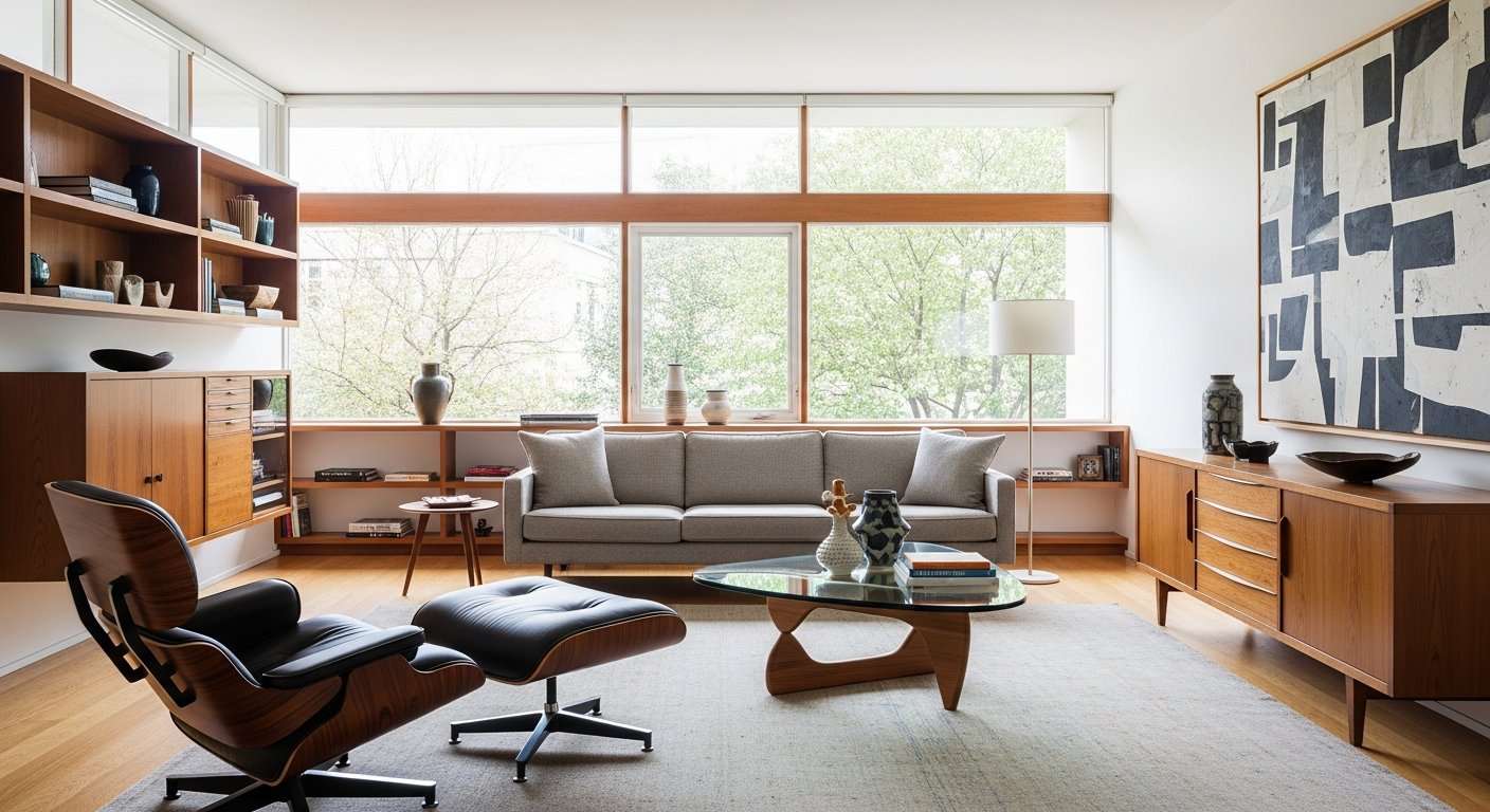 Sala de estar mid century modern com móveis icônicos e linhas clean