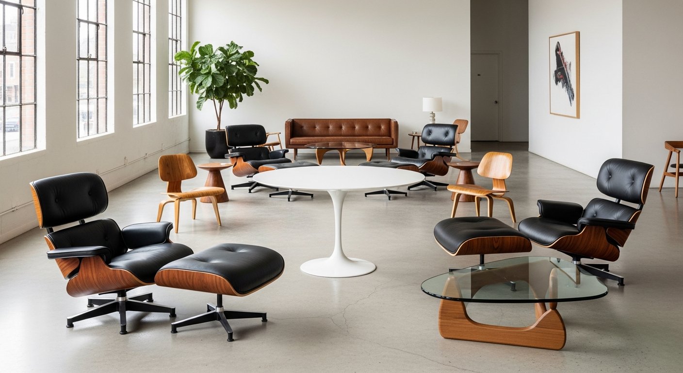 Móveis mid century como cadeiras Eames e mesa Saarinen em ambiente moderno