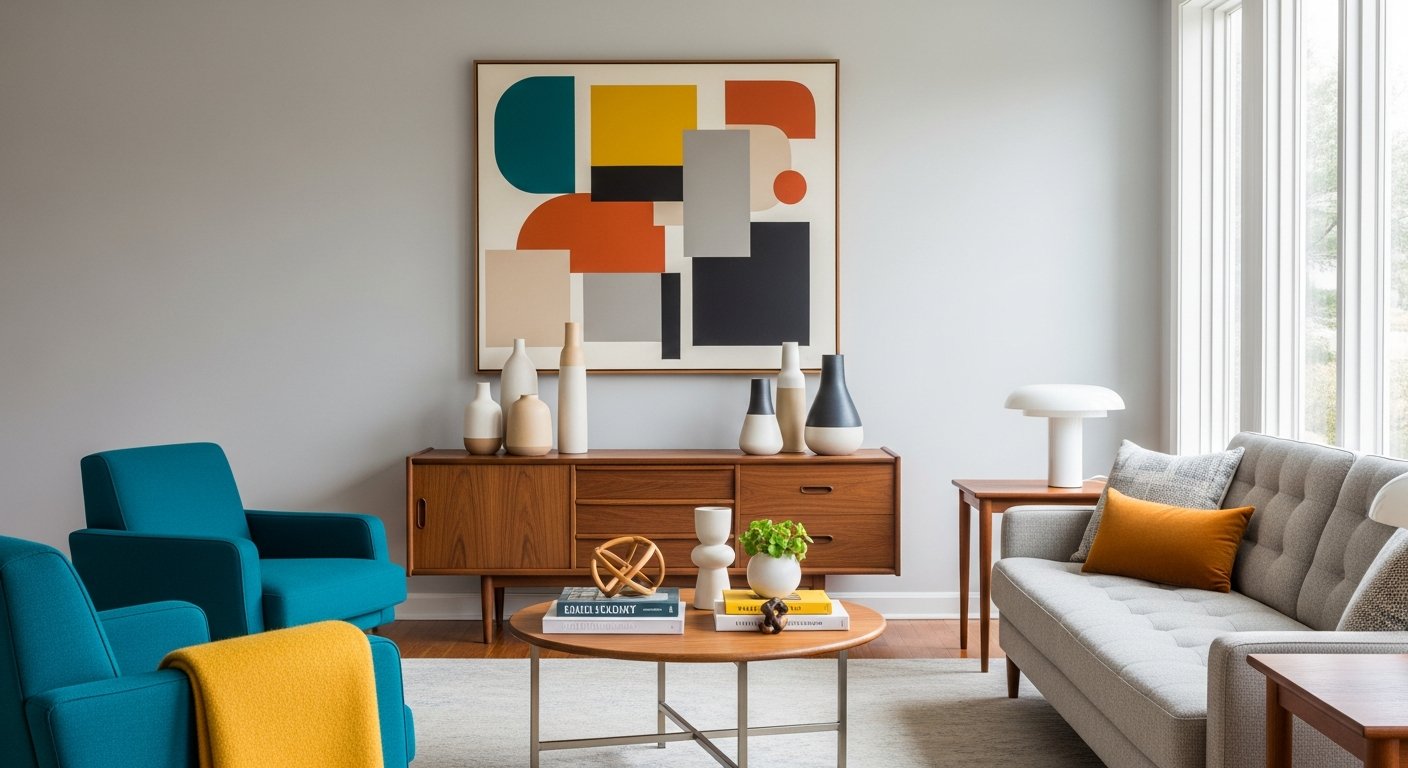 Paleta de cores mid century modern com madeiras e tons neutros