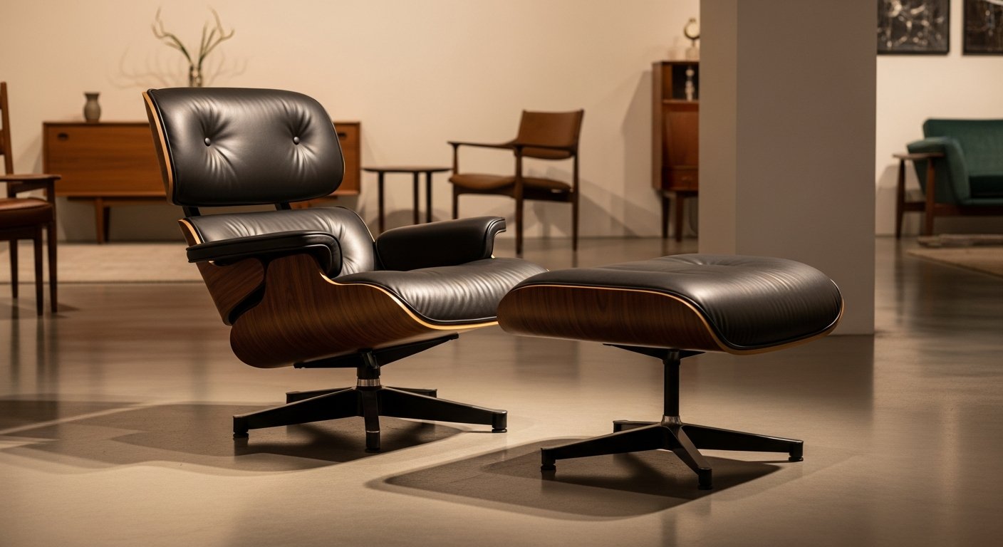 Poltrona Eames em couro natural com ottoman em ambiente sofisticado