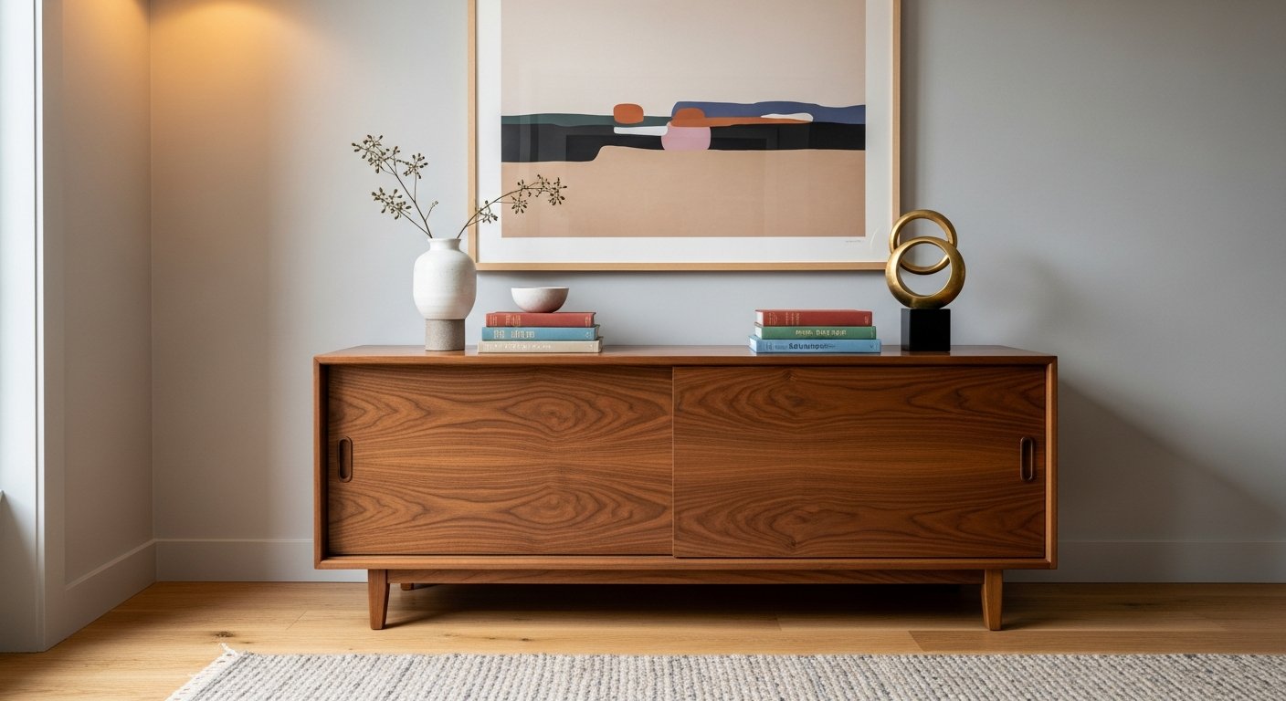 Credenza mid century com portas deslizantes e acabamento em madeira