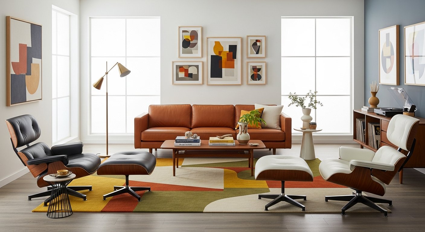 Sala de estar completa no estilo mid century com sofá de couro e cadeiras icônicas