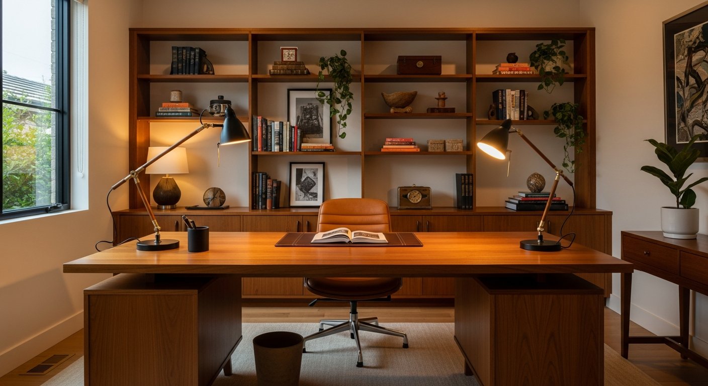 Escritório mid century com mesa de madeira e cadeira ergonômica
