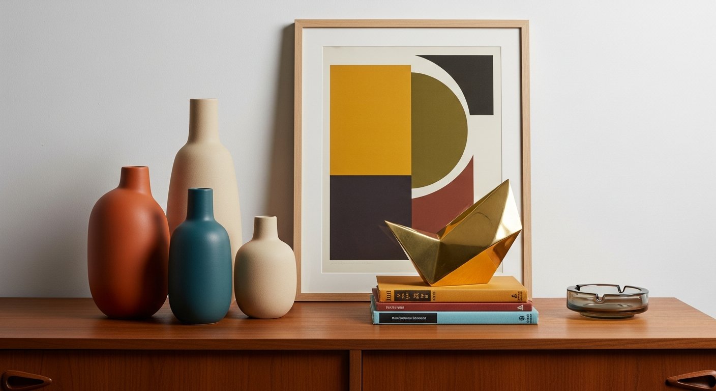 Acessórios mid century como cerâmicas e arte abstrata sobre credenza