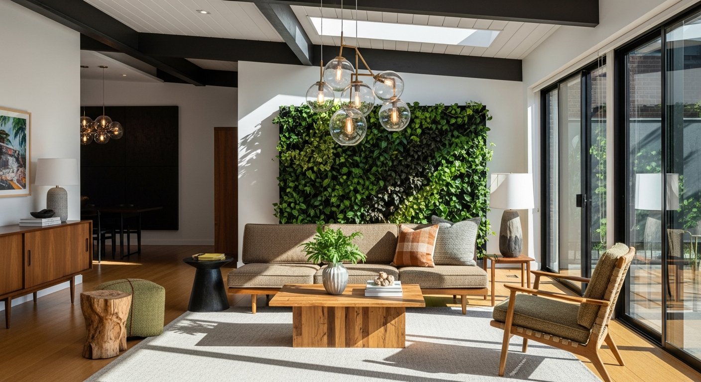 Interior mid century contemporâneo com materiais sustentáveis e design atual