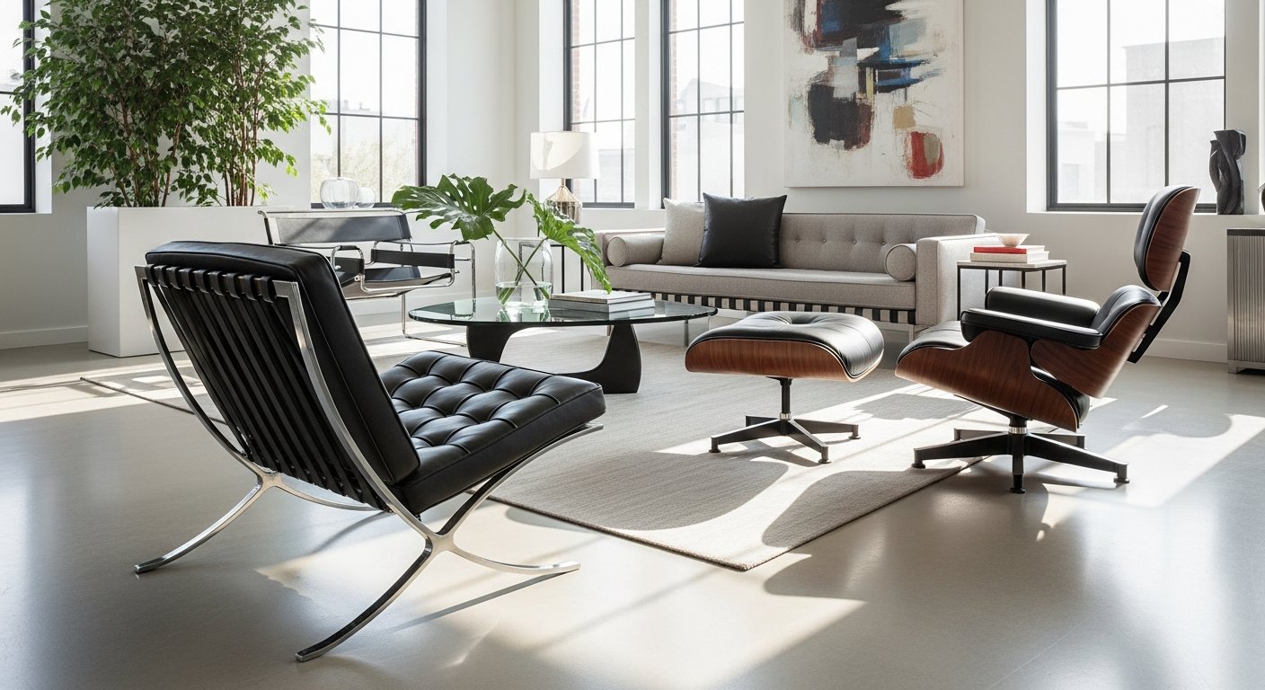 Móveis de design icônicos em sala sofisticada moderna