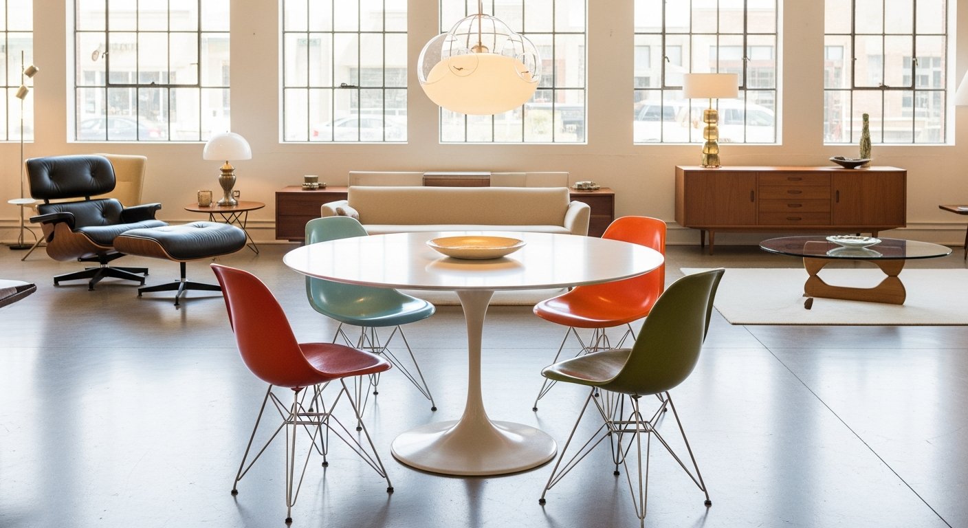 Coleção de mobiliário moderno com peças icônicas em showroom elegante