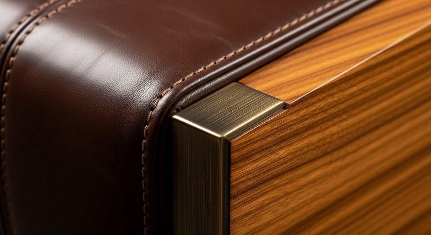 Detalhes de alta qualidade em móveis premium com couro e madeira nobre