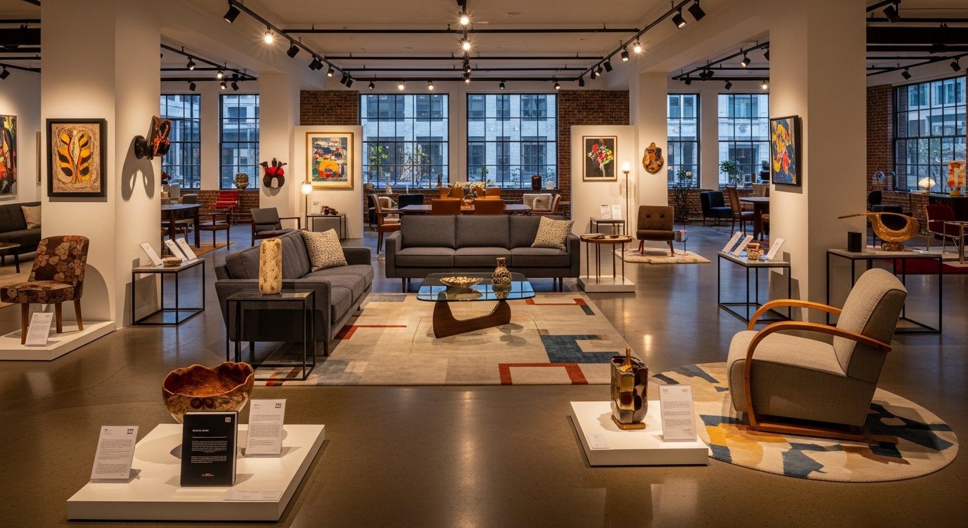 Showroom de móveis de luxo com peças autênticas e certificação