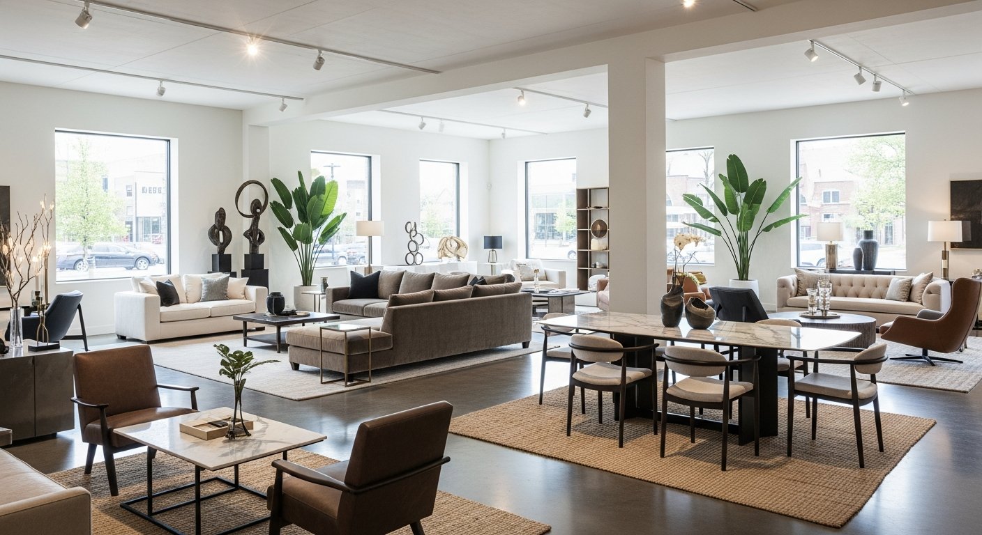 Showroom elegante com móveis de design cuidadosamente apresentados