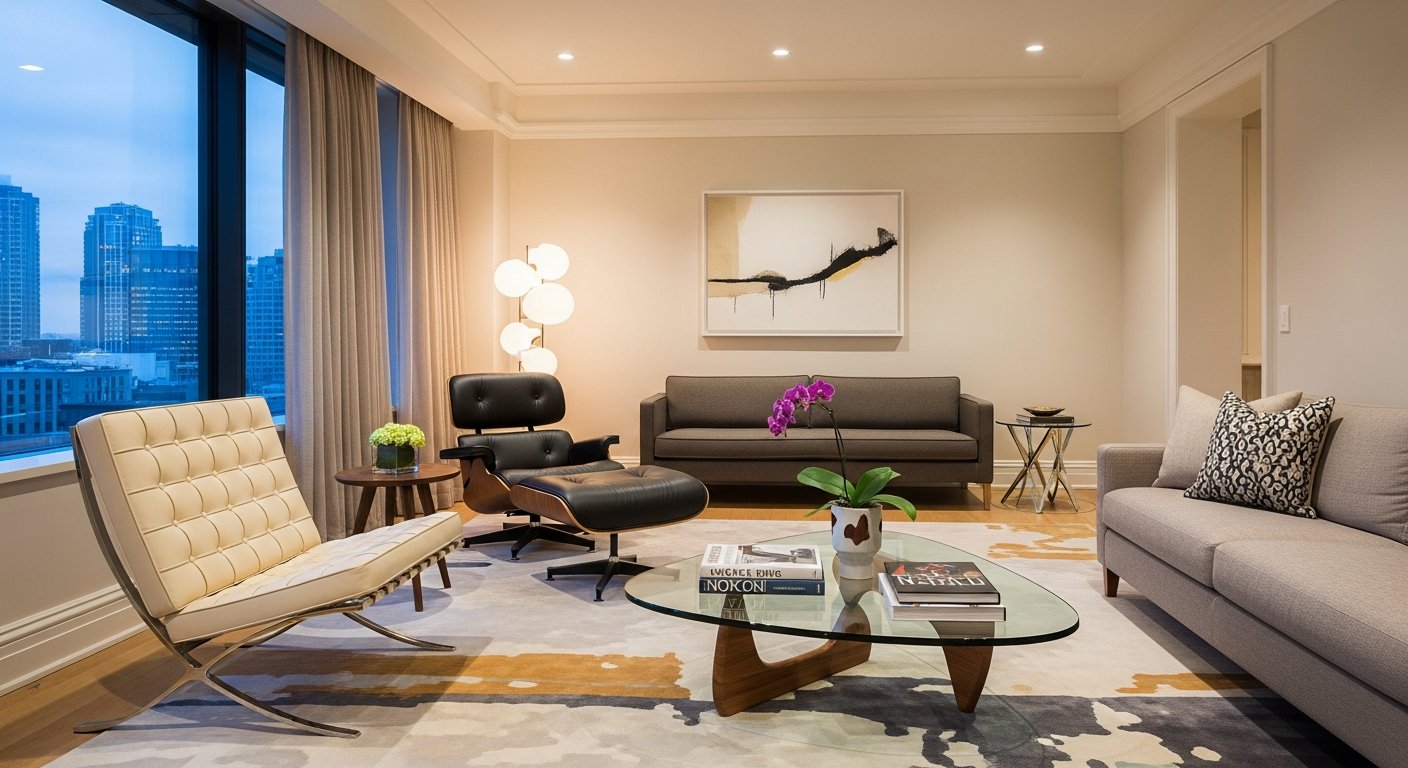 Ambiente sofisticado reunindo múltiplos móveis de design icônicos