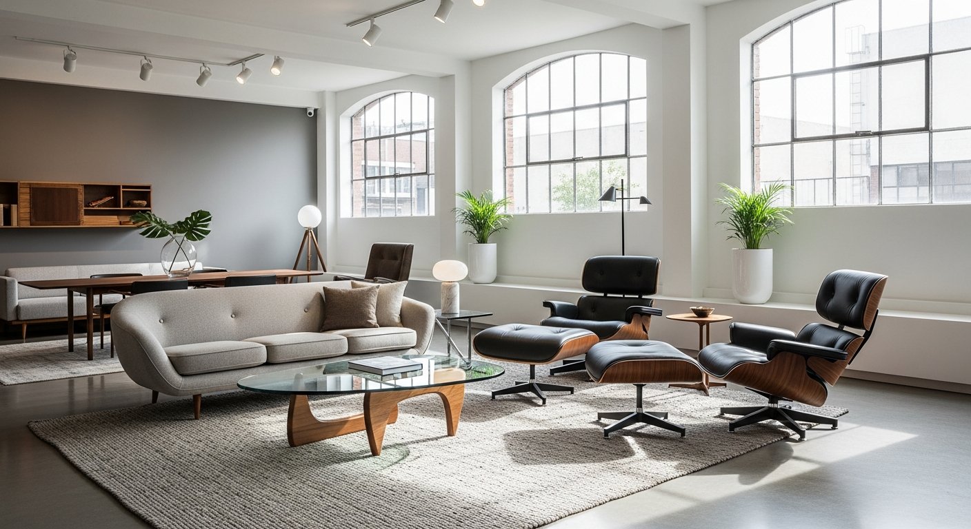 Móveis de design icônicos em ambiente moderno e sofisticado
