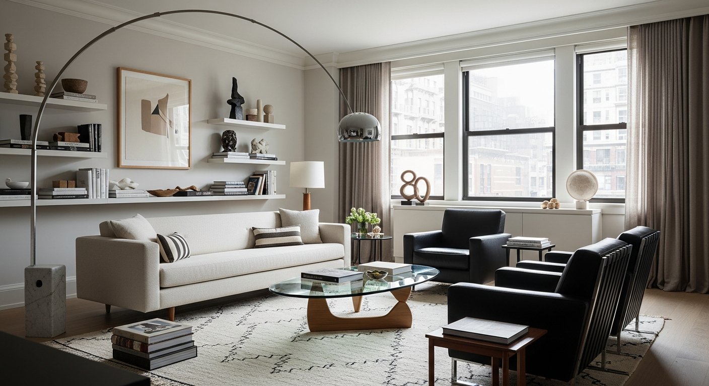 Sala sofisticada com móveis de design e decoração elegante