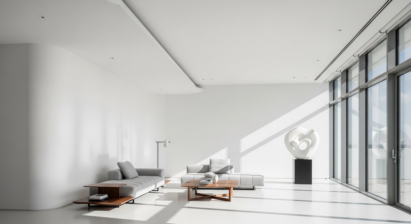 Penthouse com decoração minimalista em tons brancos e design sofisticado