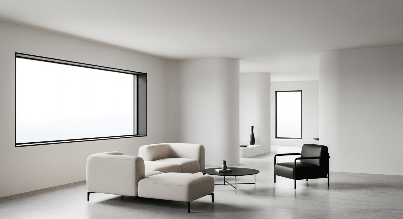 Sala de estar com decoração minimalista e detalhes em preto contrastando com o branco