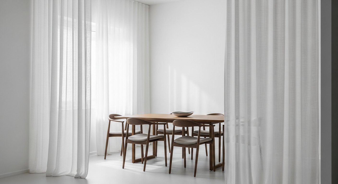 Área de jantar com cortinas funcionando como divisórias elegantes no espaço minimalista