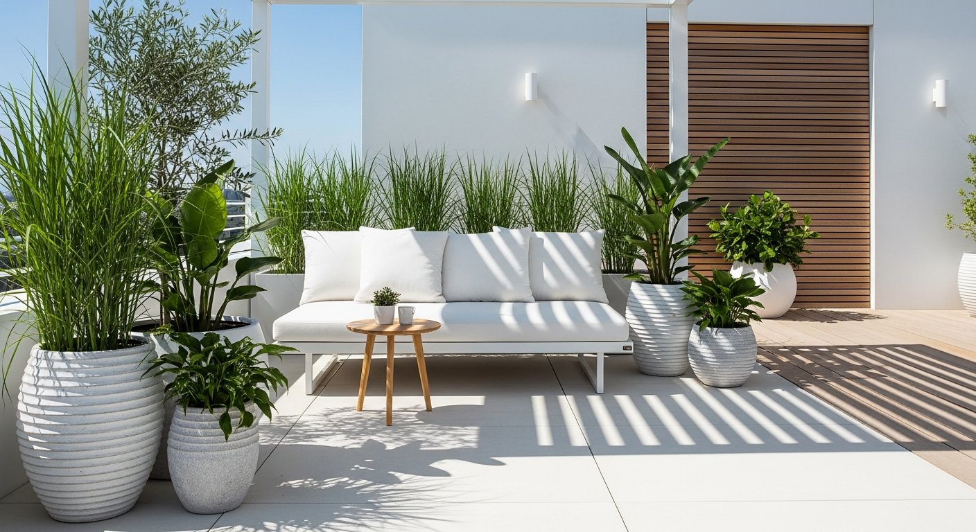 Terraço integrado com móveis minimalistas e plantas que conectam com a natureza