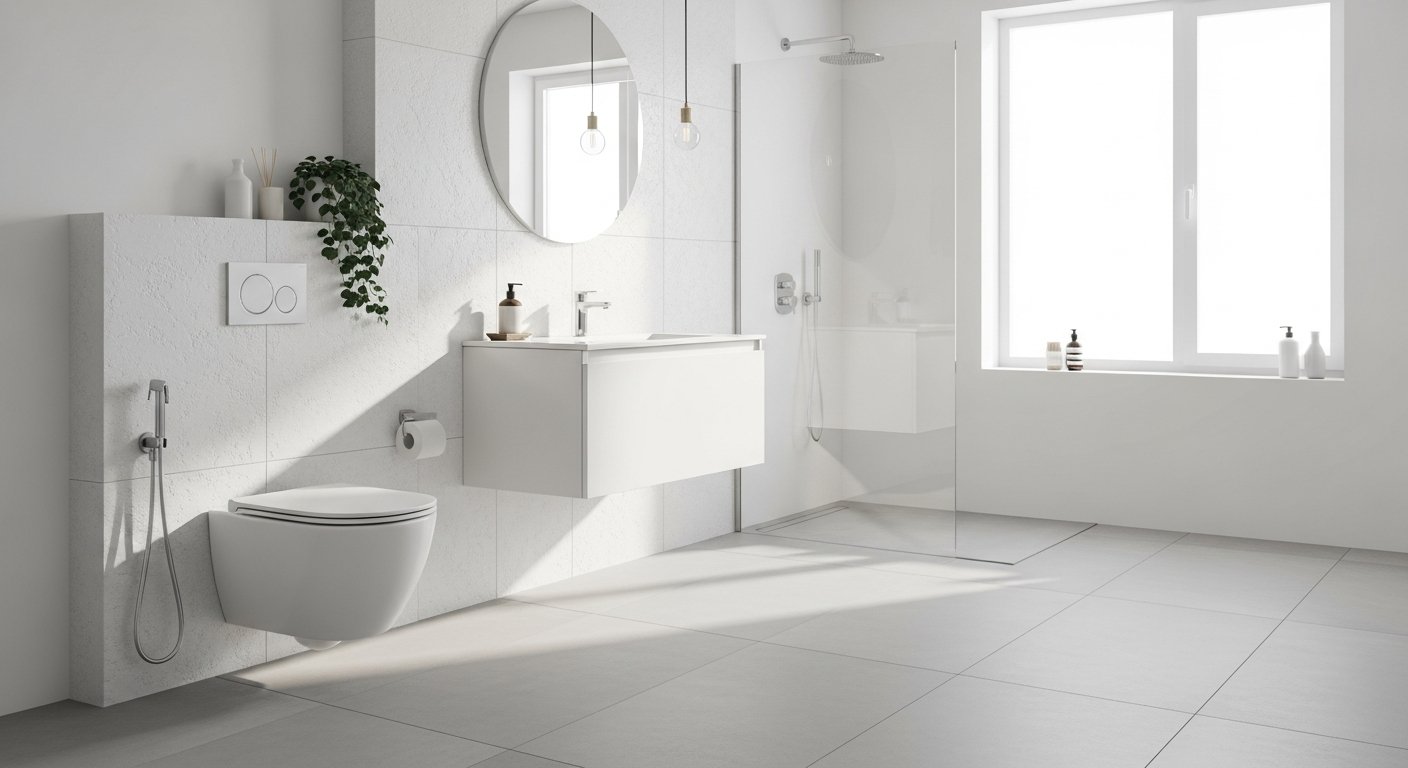 Banheiro minimalista com aproveitamento inteligente do espaço disponível