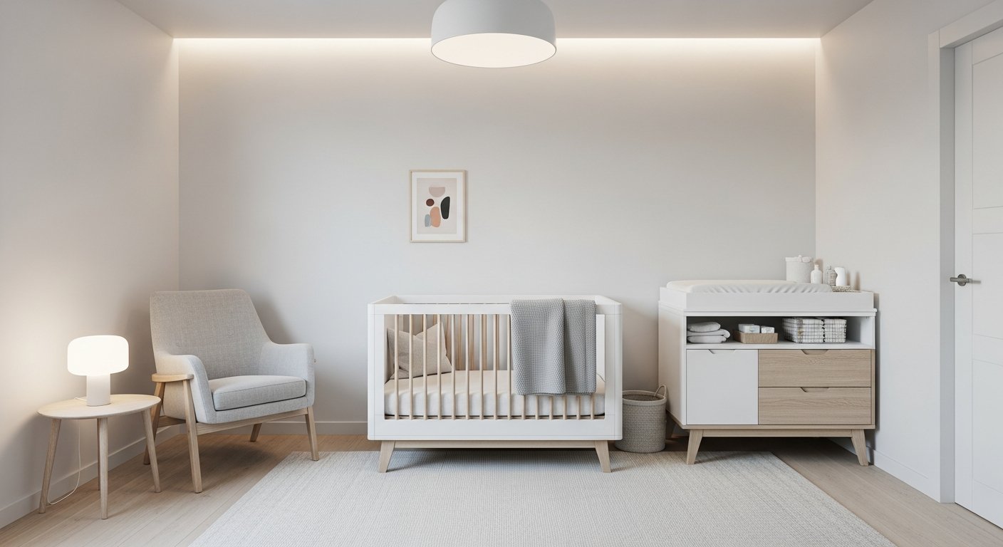 Quarto de bebê com decoração minimalista e móveis funcionais