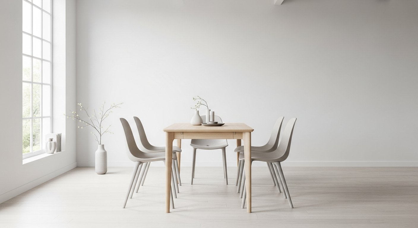 Sala de jantar compacta com móveis proporcionais ao ambiente minimalista