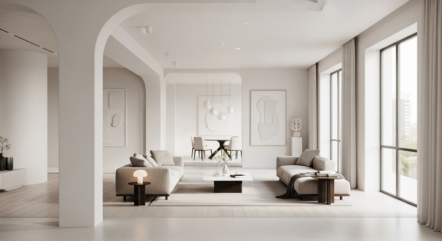 Visão integrada mostrando como todos os elementos da decoração minimalista se harmonizam