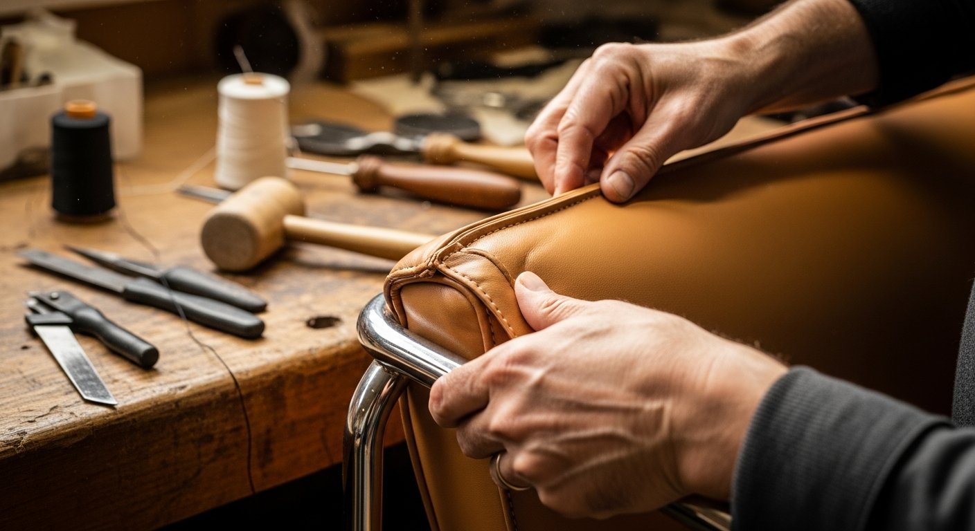 Processo artesanal de estofamento da poltrona Barcelona