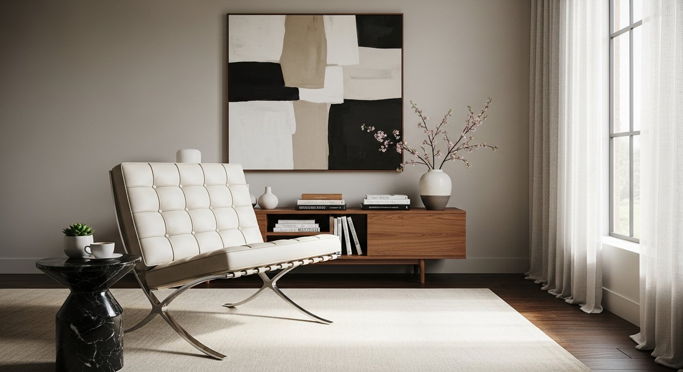 Sala de estar contemporânea com poltrona Barcelona como destaque