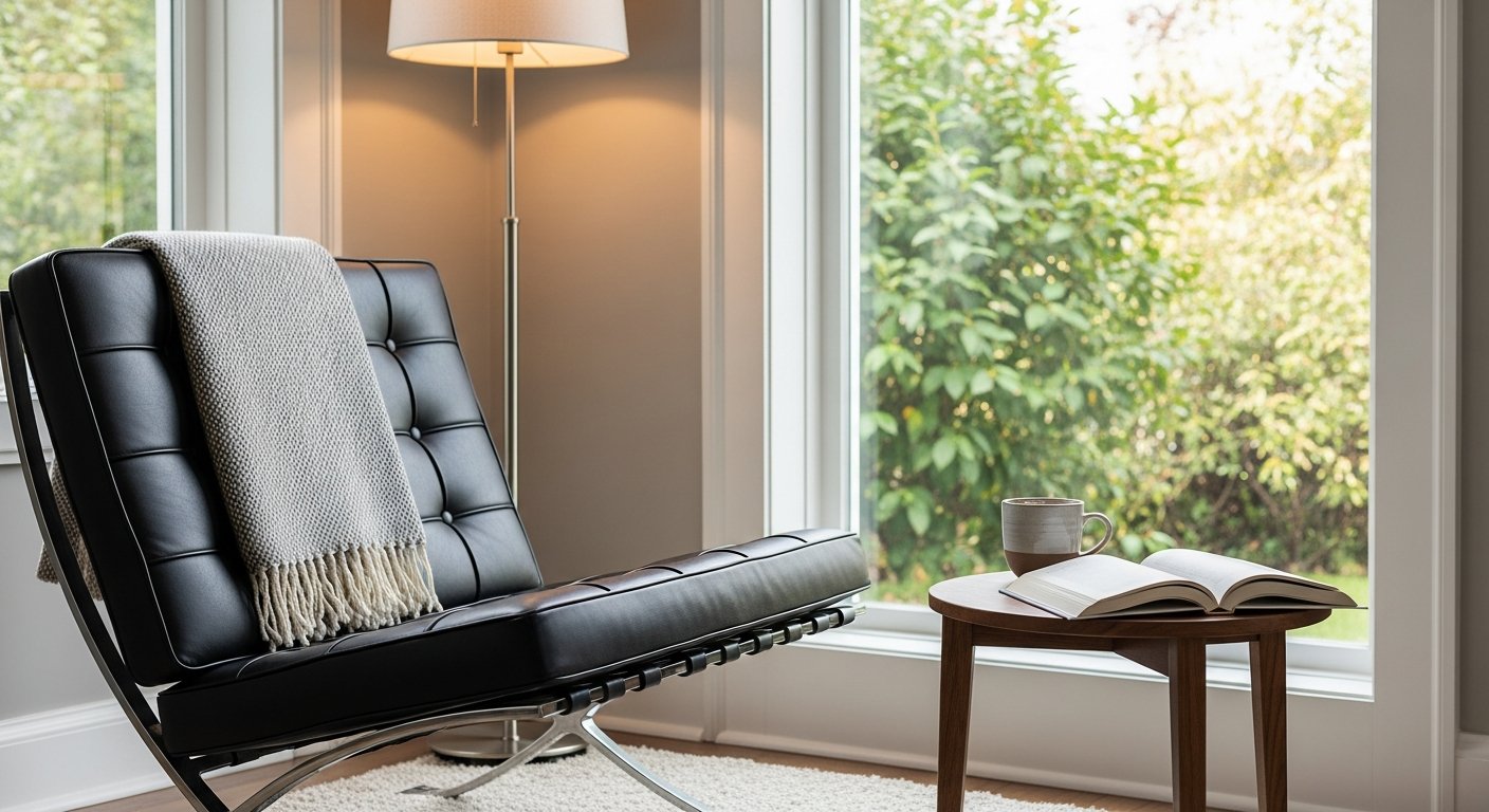 Poltrona Barcelona posicionada próxima à janela com luz natural