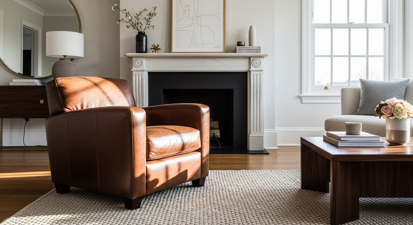 Poltrona de couro clássica em sala de estar elegante