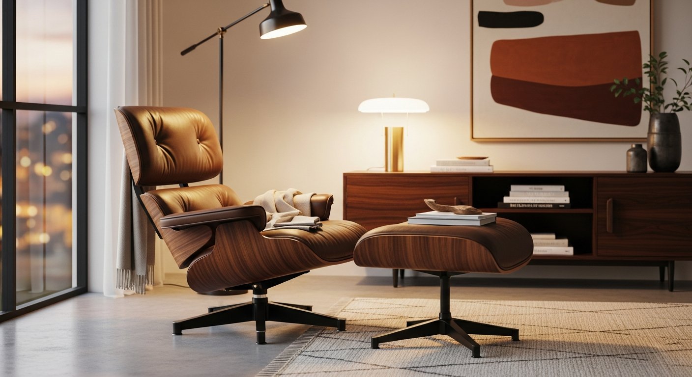 Poltrona Eames clássica com acabamento em couro marrom