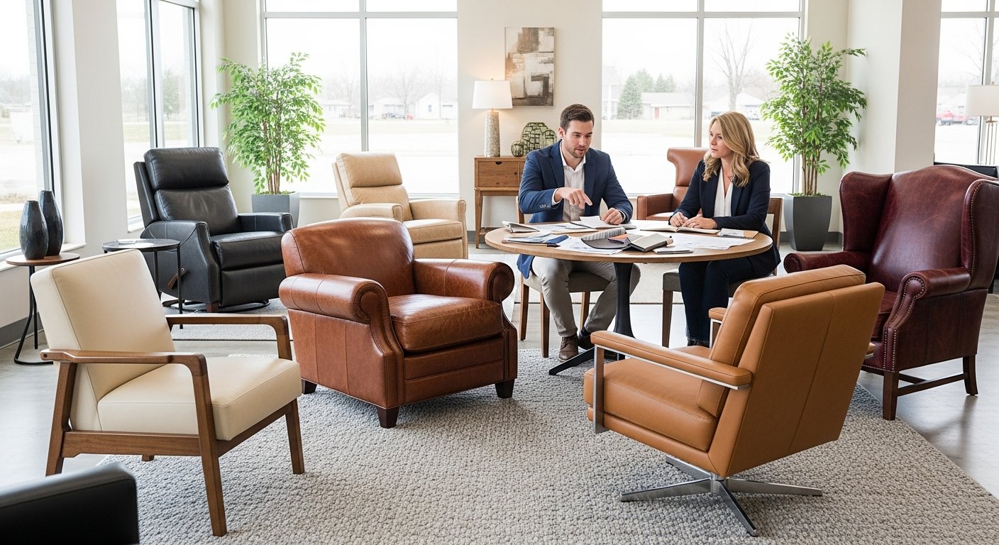 Diferentes modelos de poltrona de couro em showroom