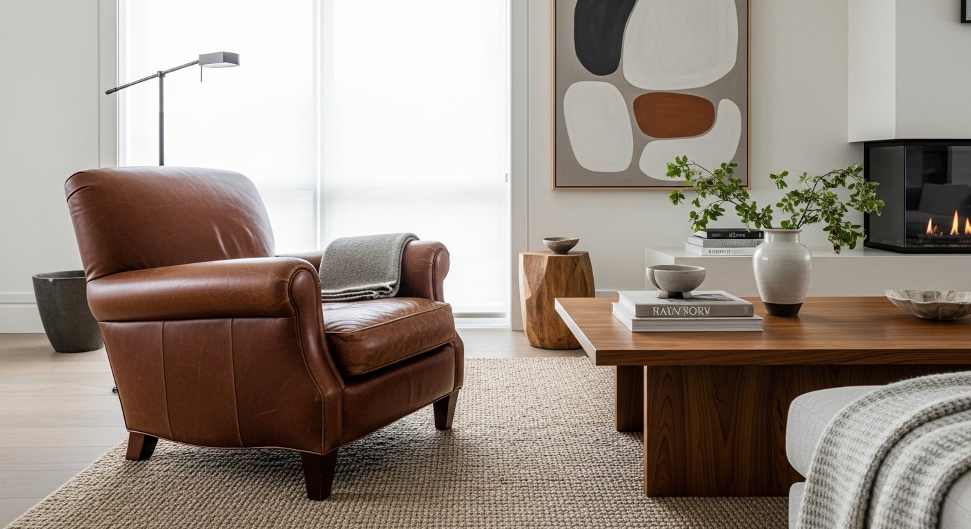 Composição harmoniosa com poltrona de couro e mesa de madeira