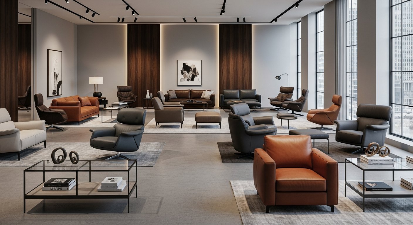 Showroom com diferentes modelos de poltrona de couro