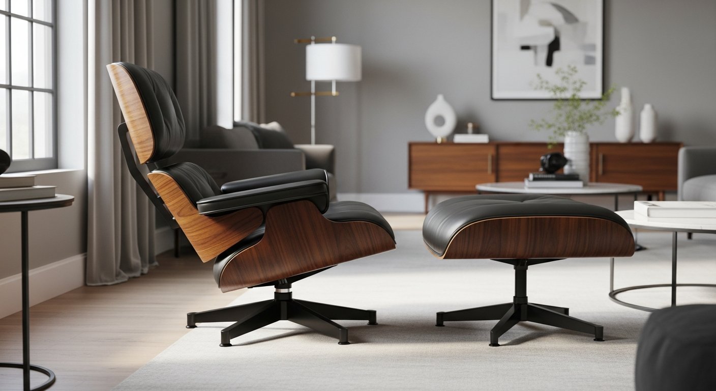 Poltrona Eames em sala de estar sofisticada com decoração moderna