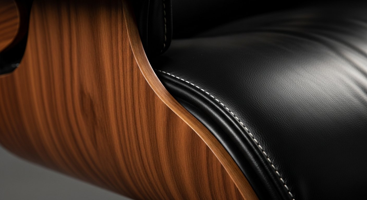 Detalhes de construção da poltrona Eames mostrando acabamentos em madeira e couro