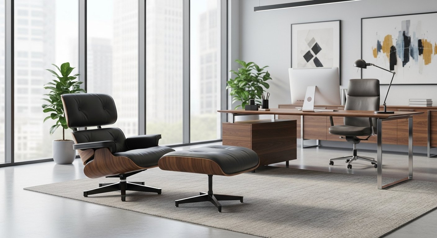 Poltrona Eames com ottoman em escritório executivo moderno