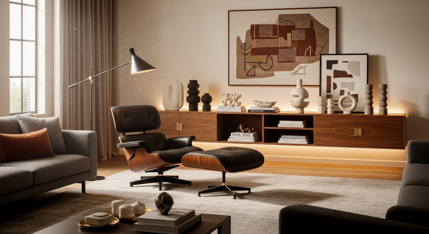 Poltrona Eames preta em sala de estar de luxo com decoração mid-century