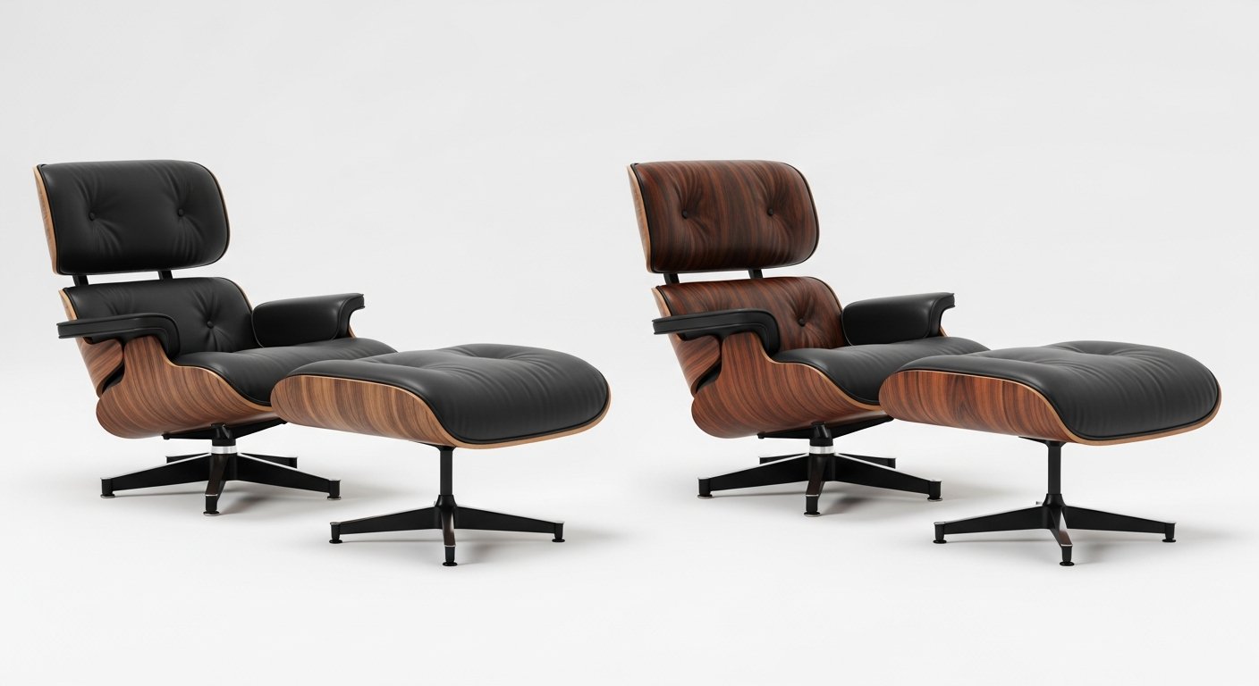 Diferentes acabamentos em madeira da poltrona Eames lado a lado