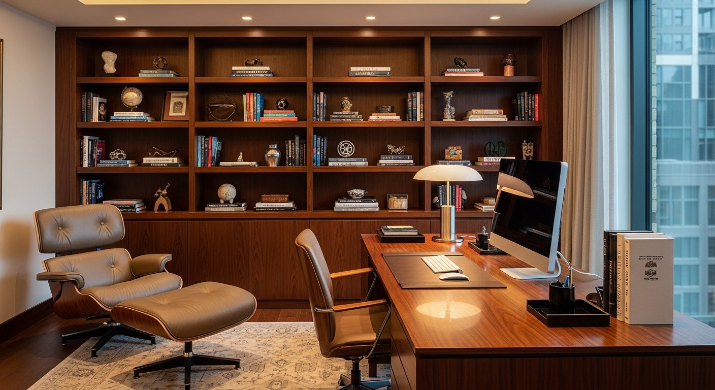 Home office luxuoso com poltrona Eames em jacarandá e estantes integradas
