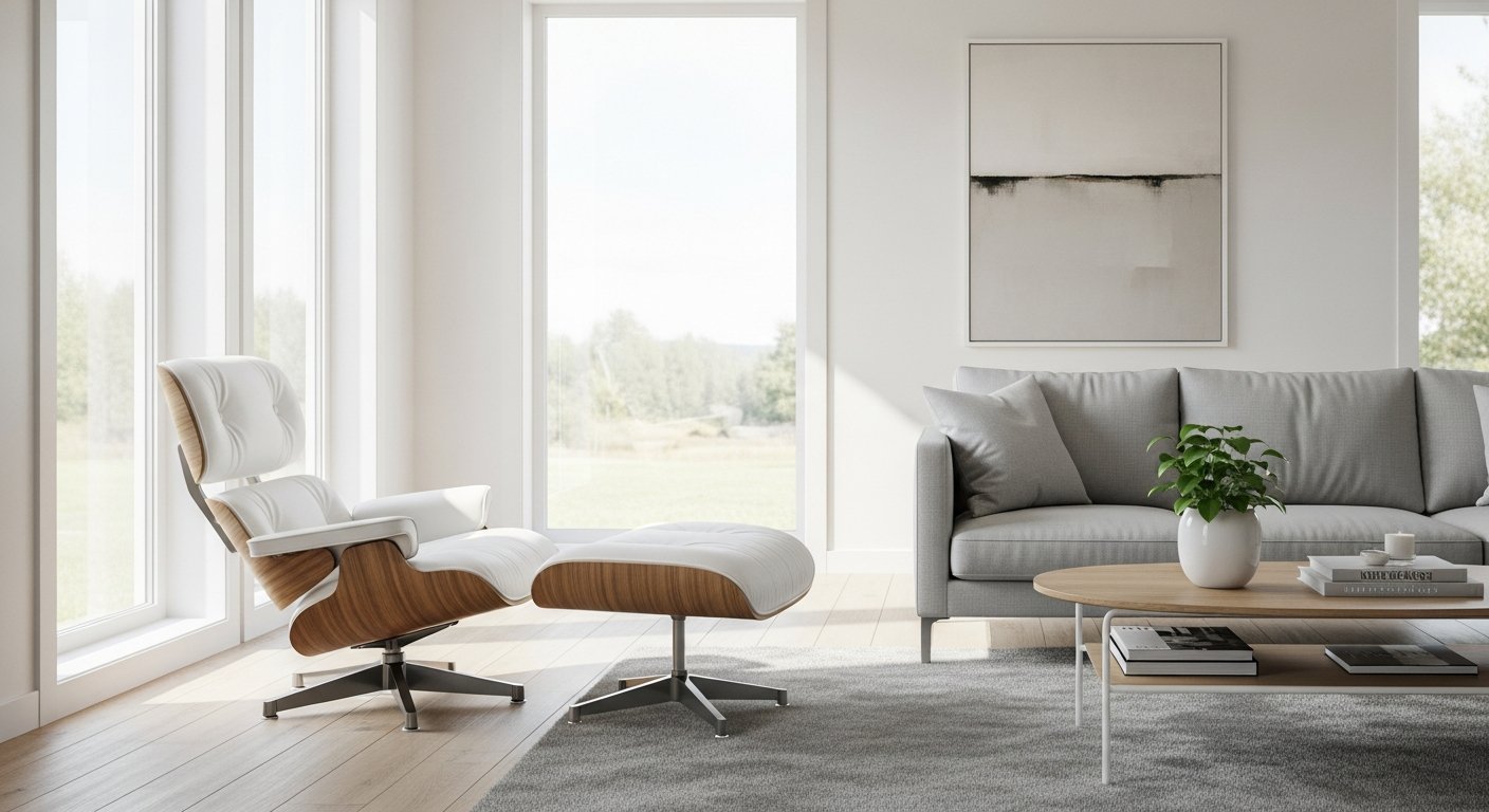 Sala minimalista com poltrona Eames branca e grandes janelas