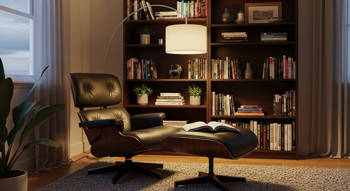 Cantinho de leitura com poltrona Eames, estante de livros e luminária de piso