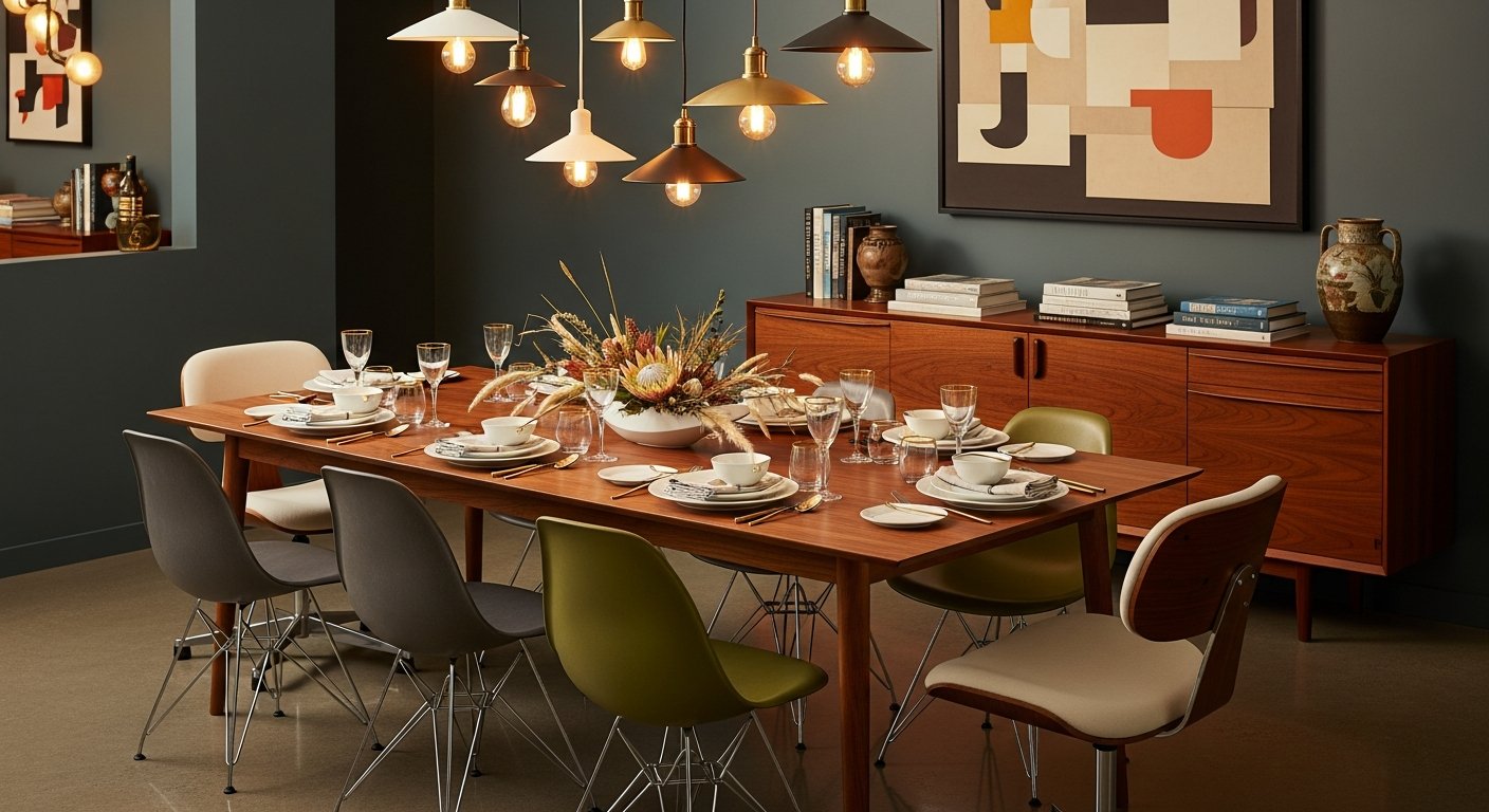 Sala de jantar sofisticada misturando cadeiras Eames e outros móveis modernos